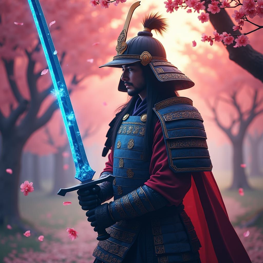 Fantasy Samurai with Glowing Sword Amidst Cherry Blossoms