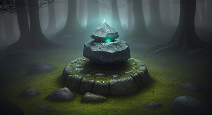 Glowing Mysterious Stone on Mossy Forest Floor
