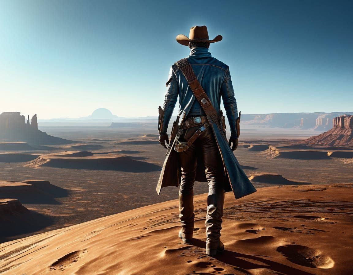 Space Cowboy on Alien Mesa in Hyperrealistic Style