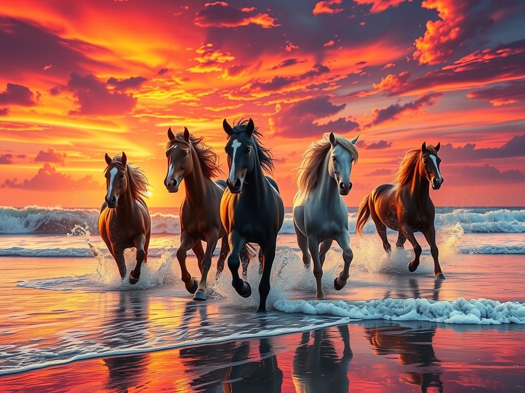 Majestic Horses Gallop into a Vibrant Sunset
