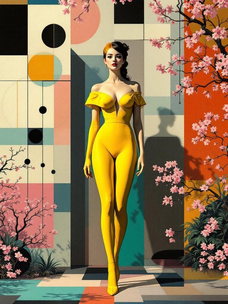 Surreal Fusion: Geometric Pin-Up in Cherry Blossom Garden