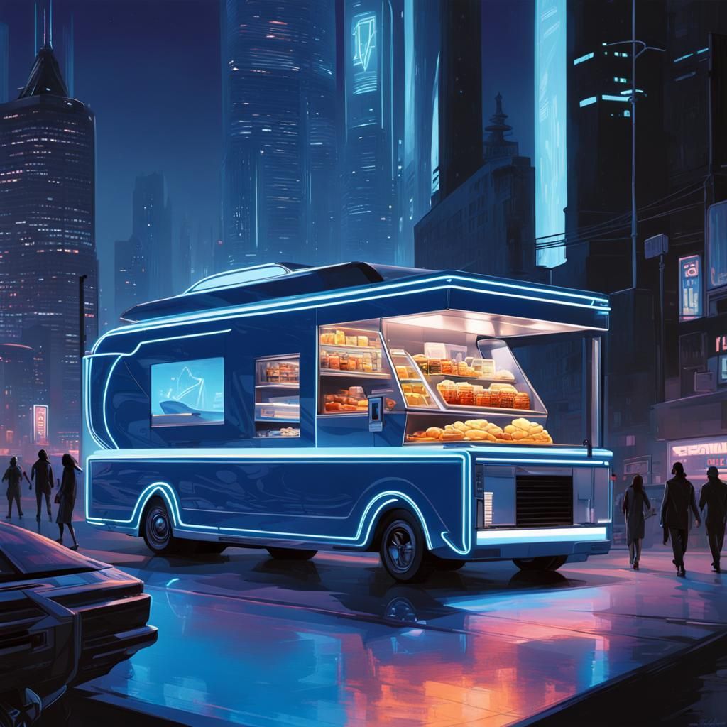 Futuristic Food Truck by Syd Mead: Neon Cityscape