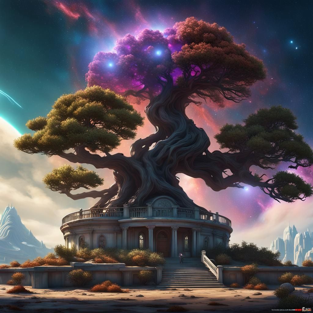 Bonsai Tree Church Soaring Through Colorful Nebulae