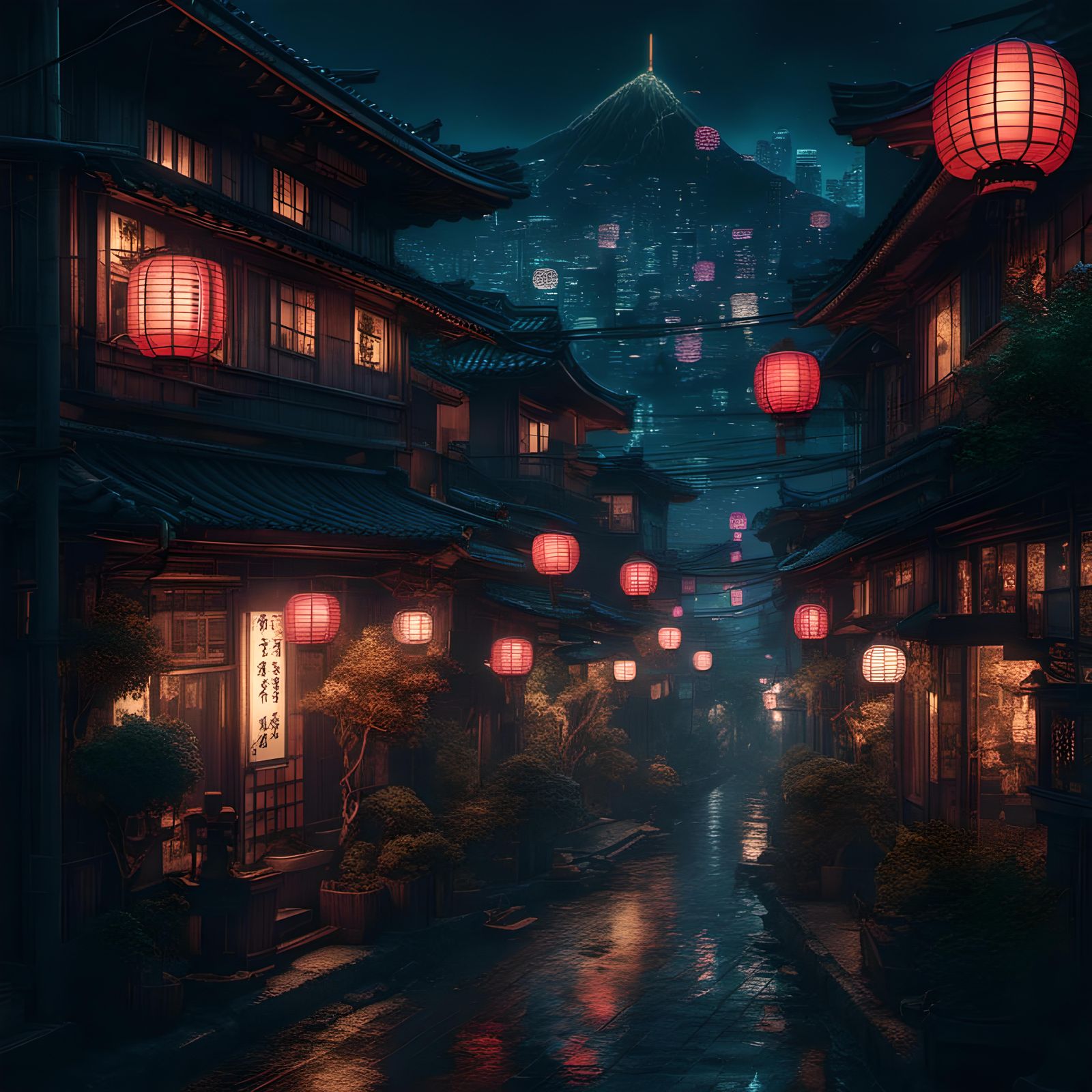 Kyoto Street at Night in Cyberpunk Style