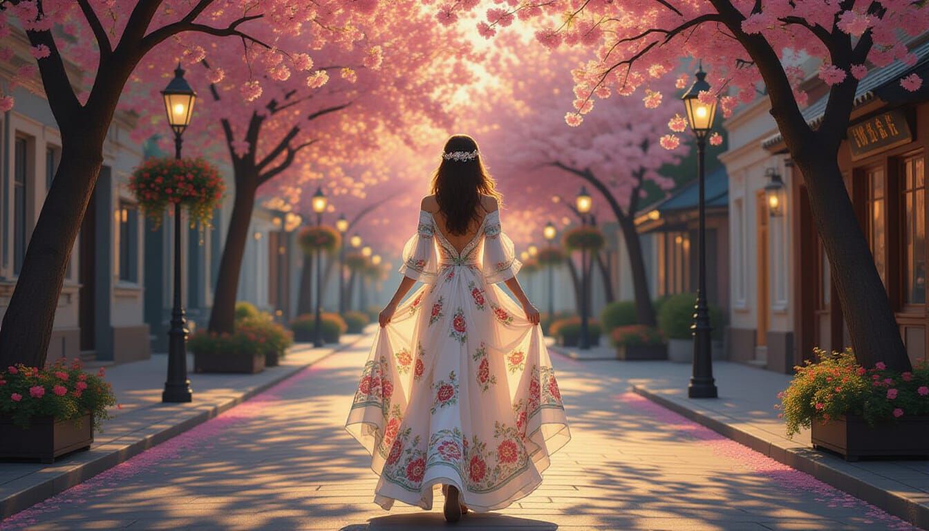 Woman in Floral Dress on Spring Street at Dusk