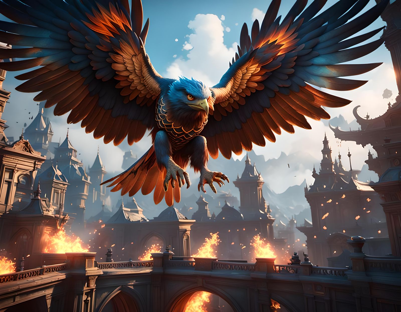 Blue Flaming Hawk in Flight: 3D Render