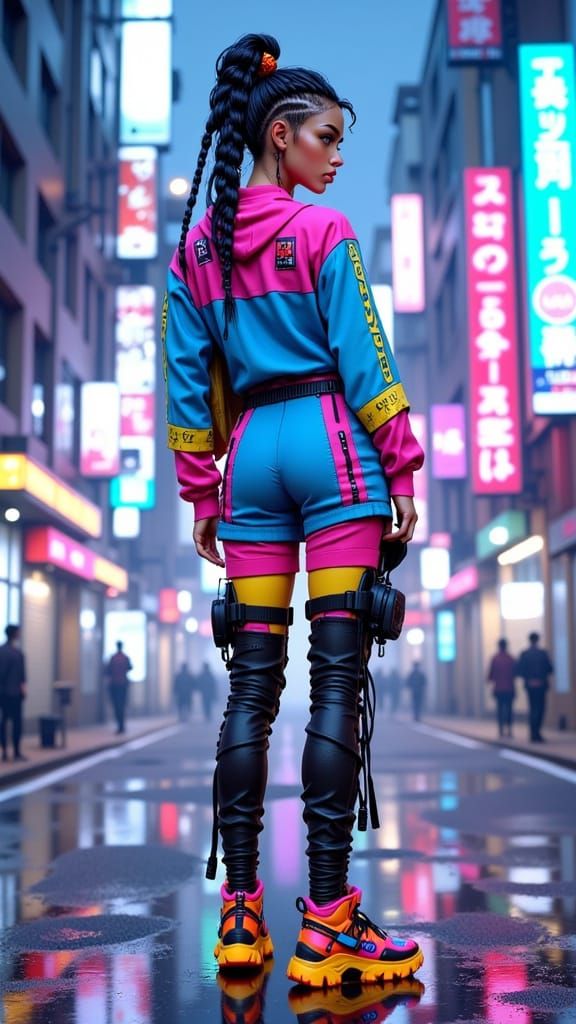 Futuristic Woman in Neon-Lit Cityscape with Color Blocking a...