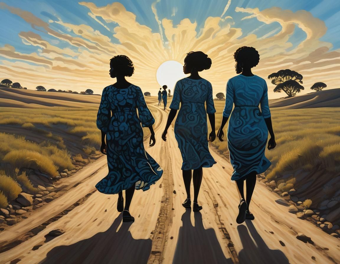 Surreal Landscape Painting with Black Figures