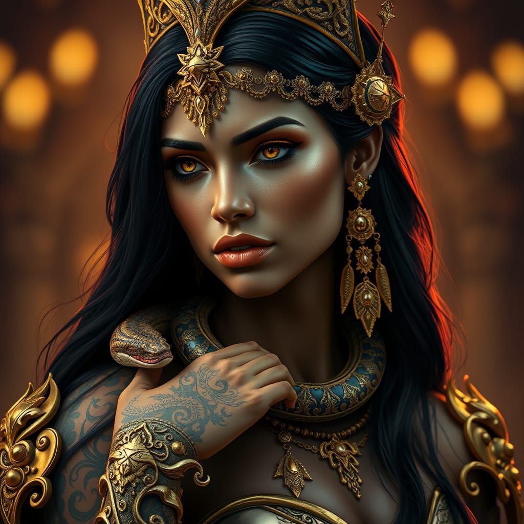 Regal Fantasy Woman with Golden Armor and Serpent
