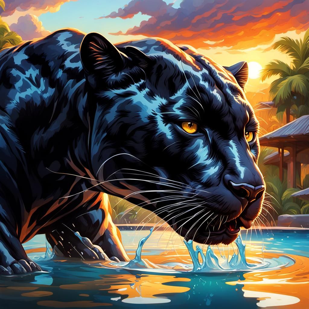 Black Panther Drinking Water in Splash Art Style