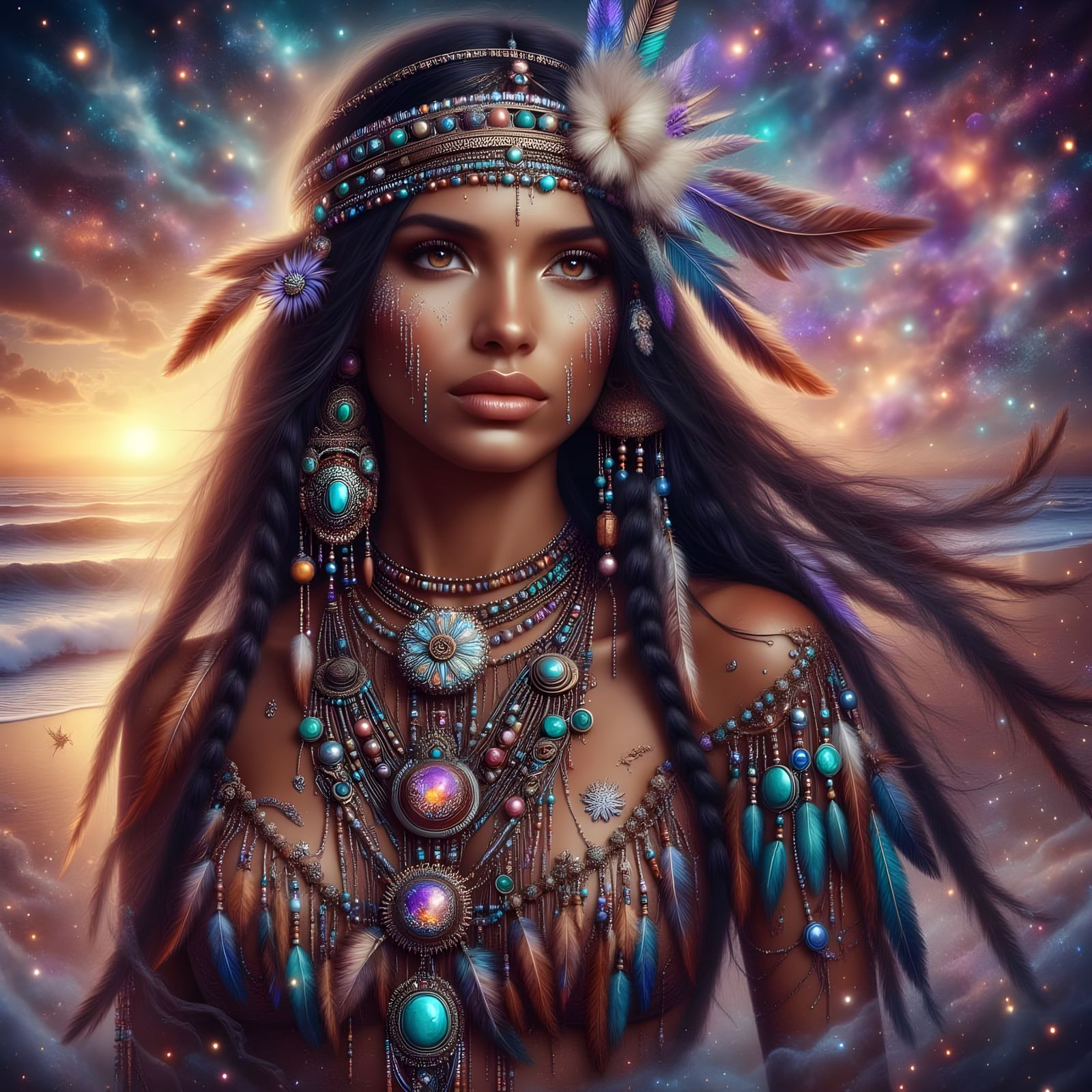 Hyper-Realistic Indian Woman on Beach at Nebula Sunset