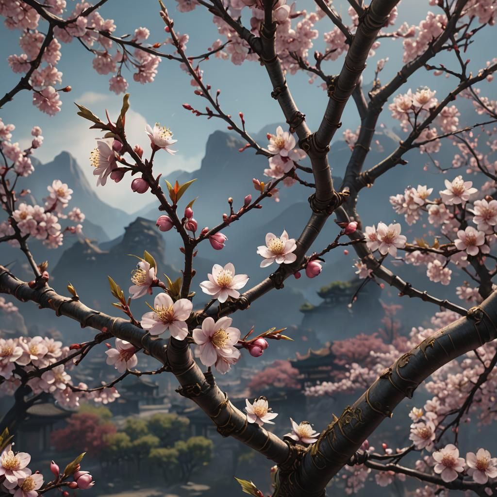 Oriental Cherry Tree with Budding Flower, Detailed Matte Pai...