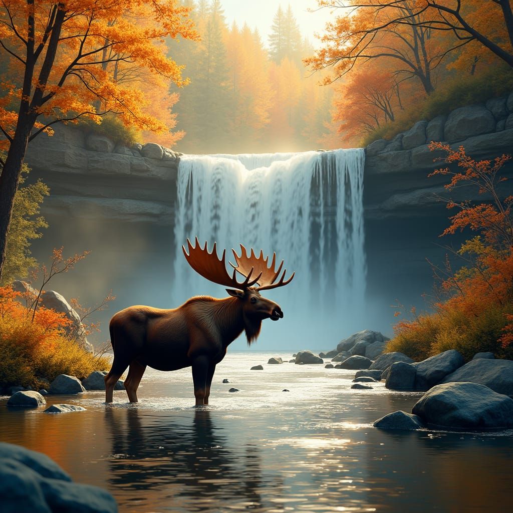 Majestic Moose in Autumnal Landscape with Waterfall