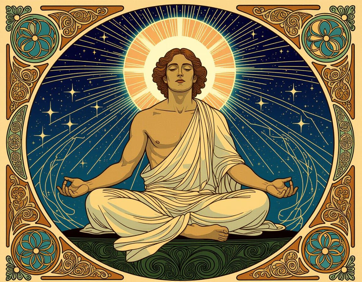 Adam as Cosmic Soul in Ethereal Art Nouveau Style