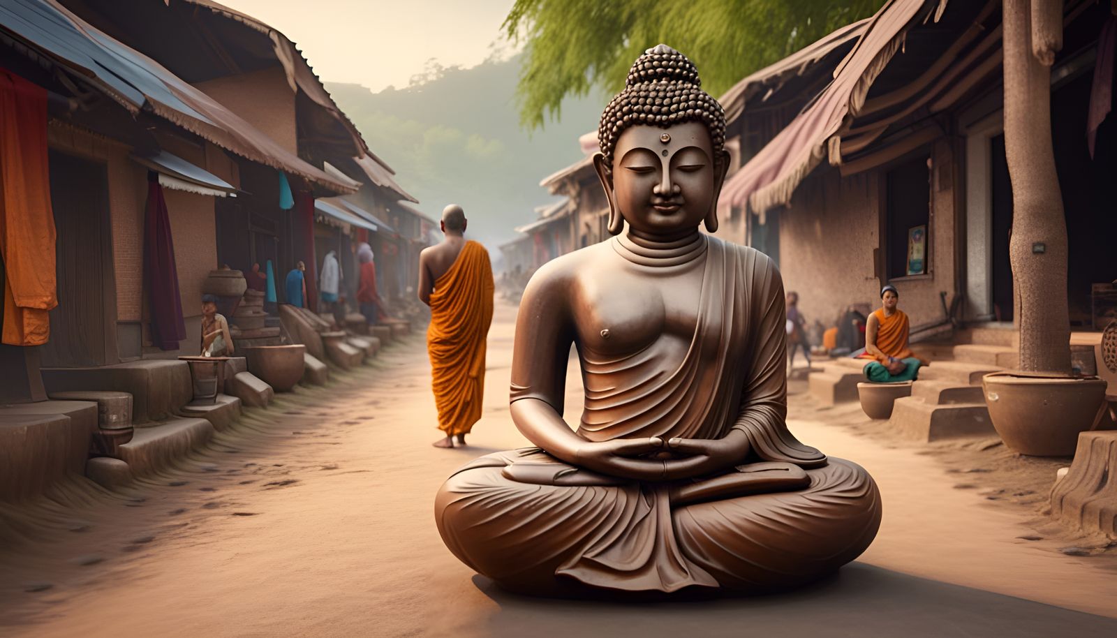 Buddha's Alms Round in Indian Village: Hyperreal 8k