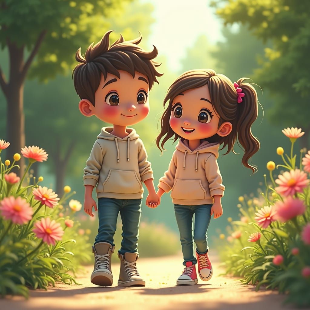Boy and Girl Holding Hands in Sunny Park