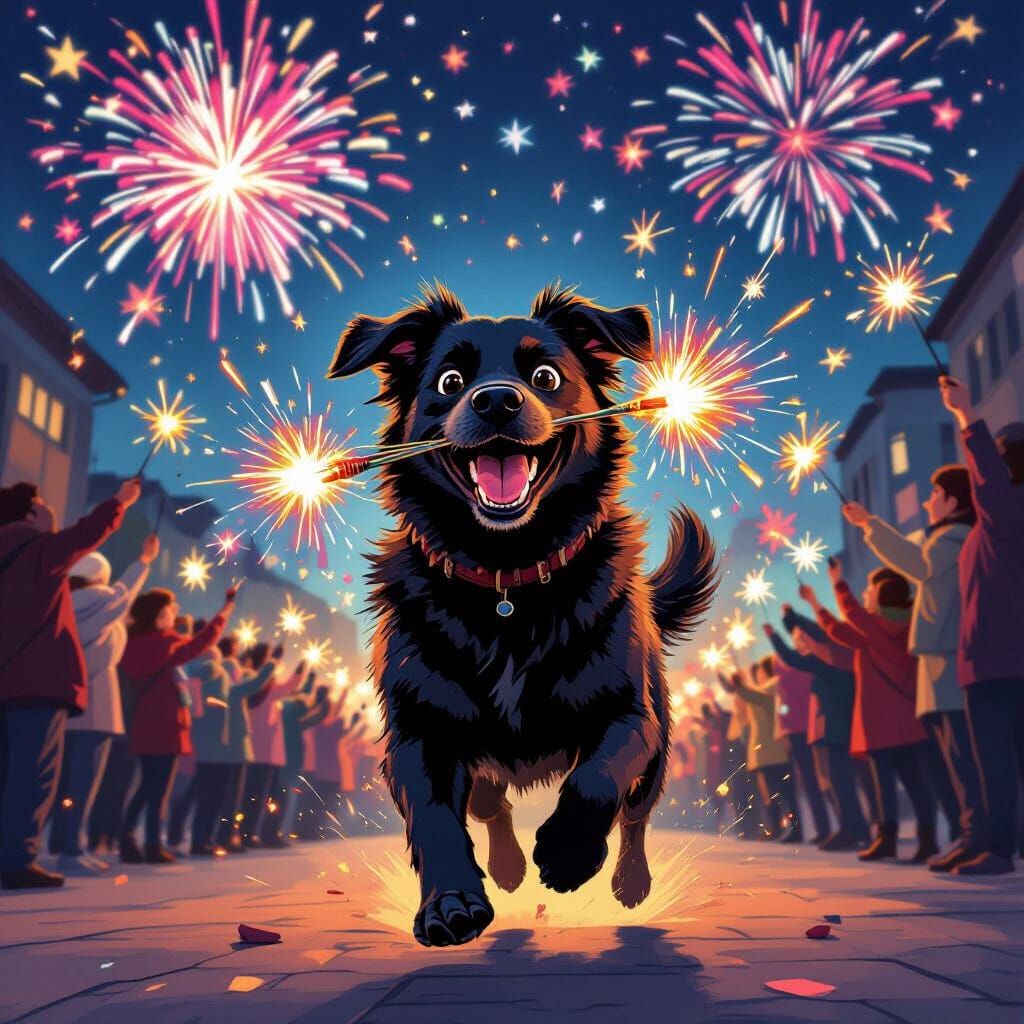 Excited Dog With Fireworks on New Year's Eve