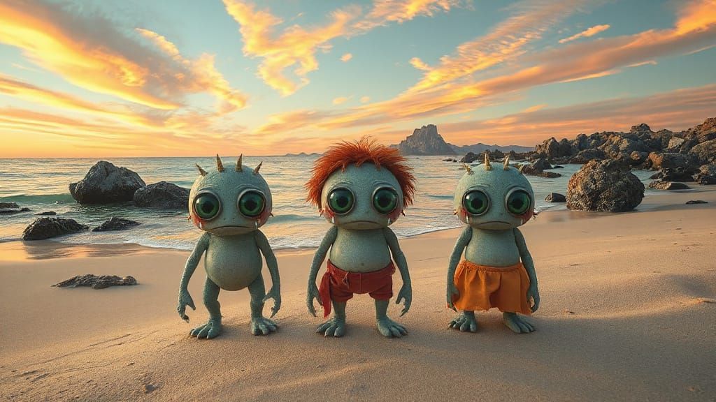 Sad Beach Monsters with Green Eyes: Dreamy Illustration