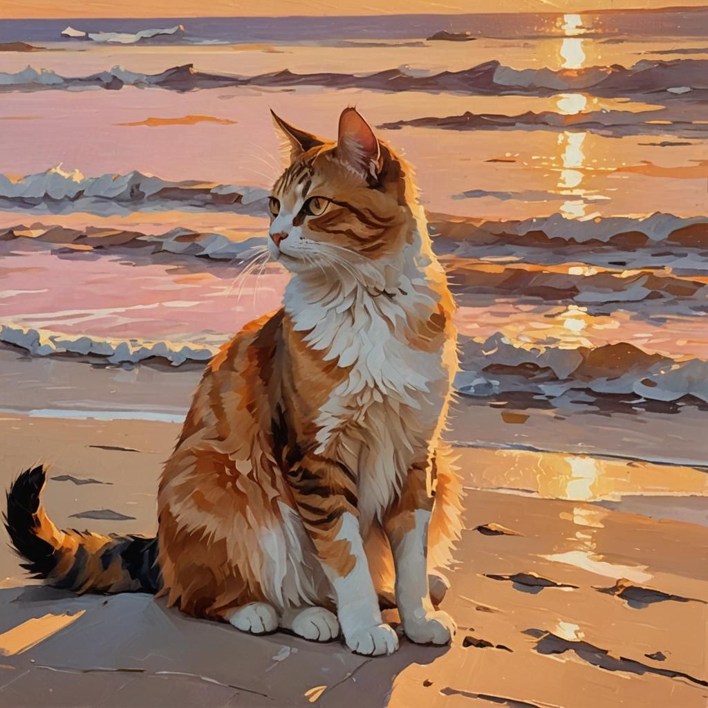 Impressionist Cat Watching Sunset on Beach