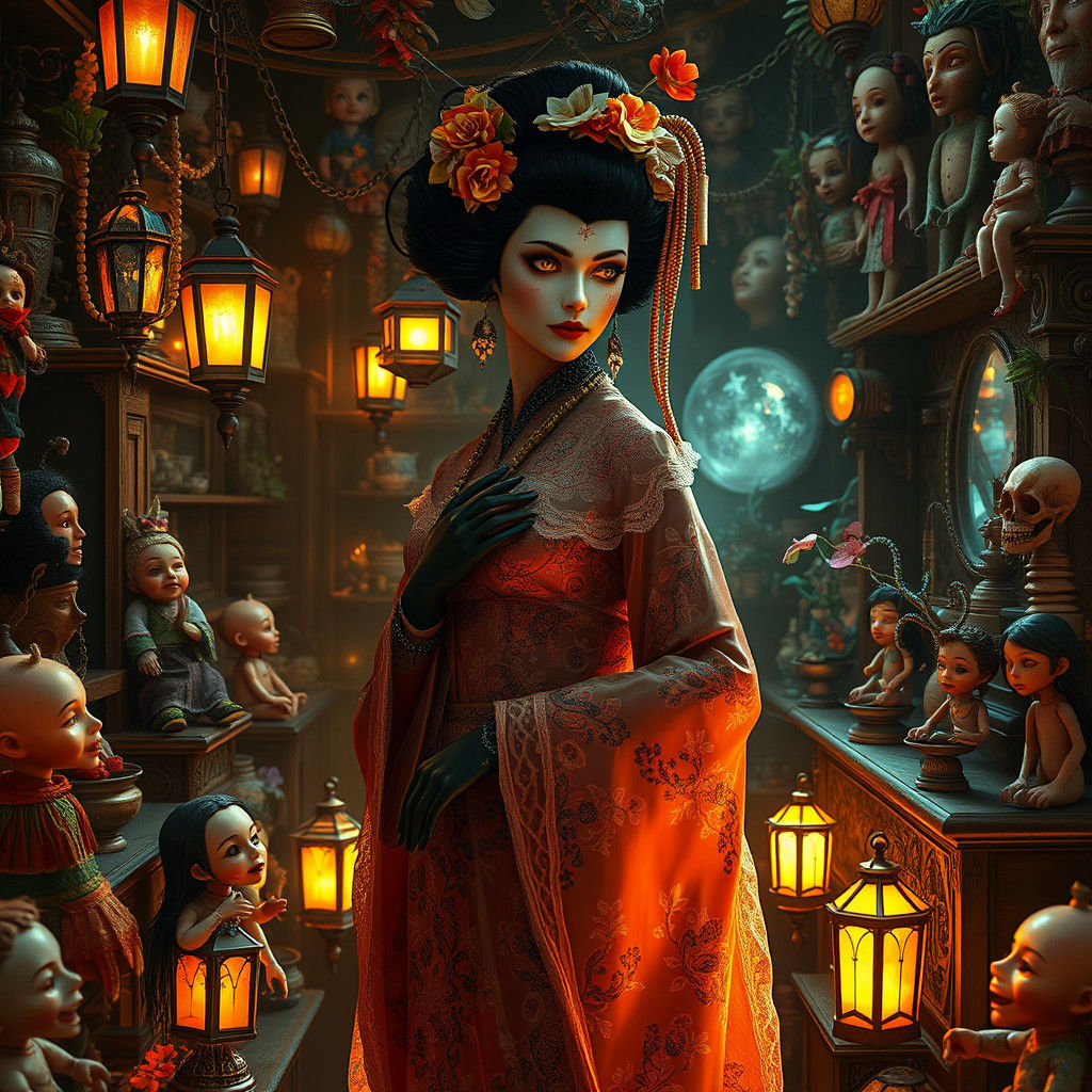 Cyberpunk Geisha in Voodoo Shop, Klimt-Inspired