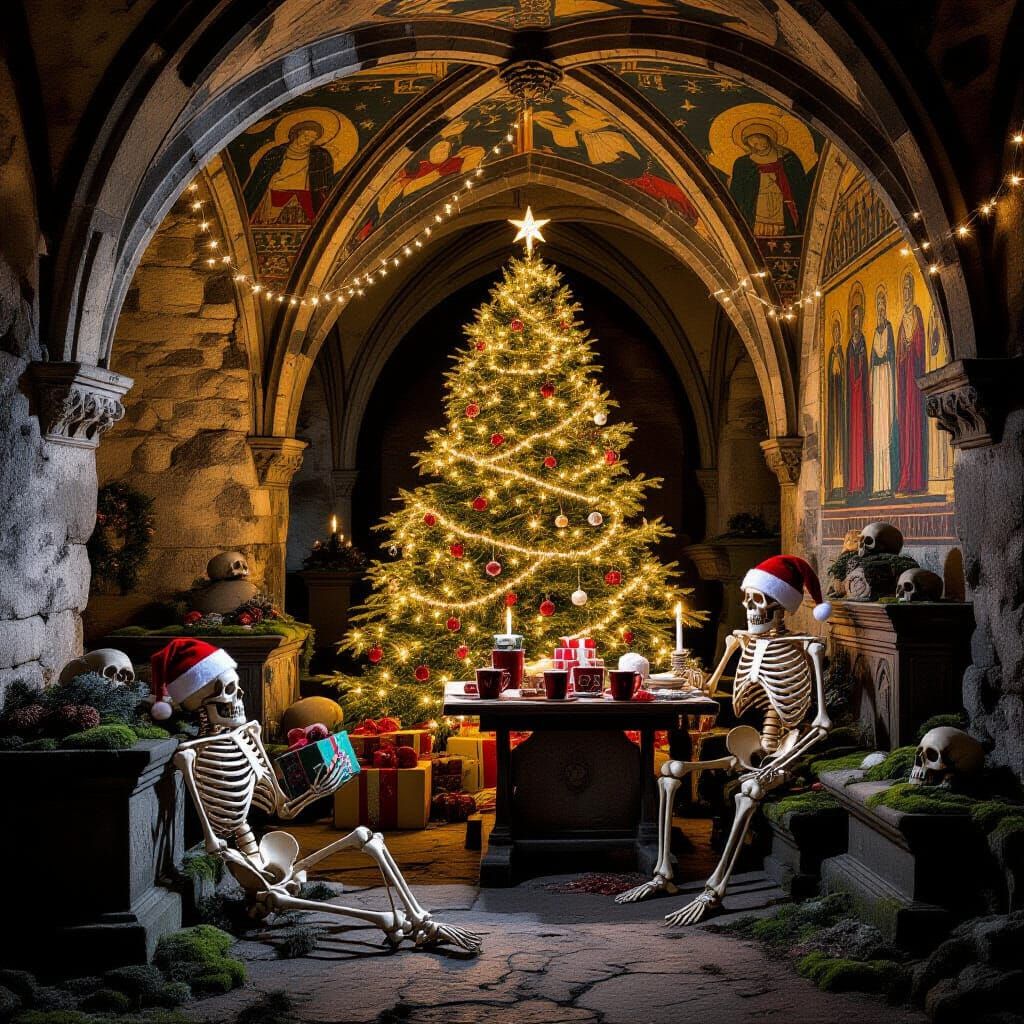 Medieval Crypt Christmas Celebration with Skeletons