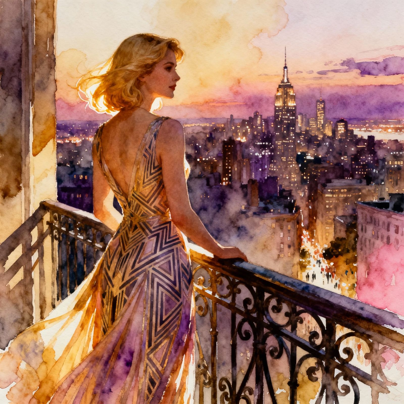 Art Deco Gown Woman Overlooks City at Dusk