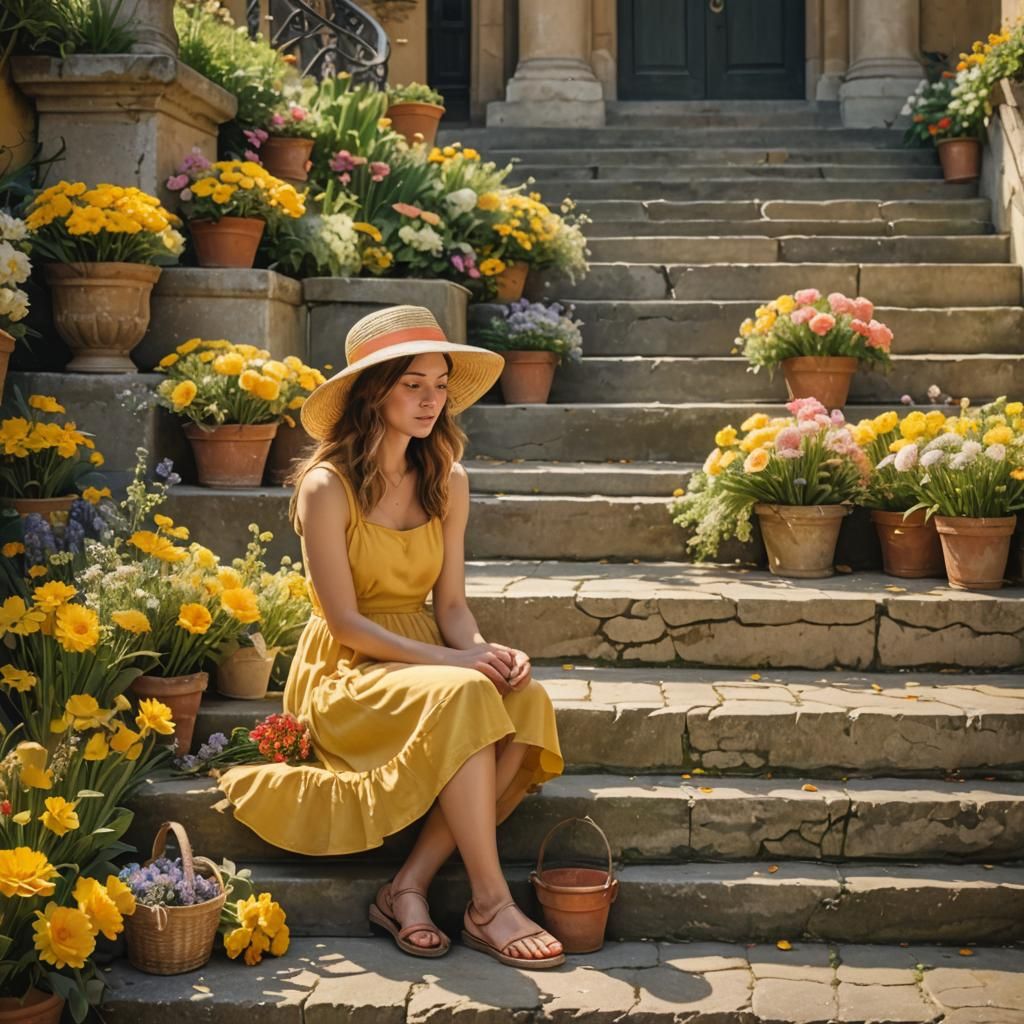 Young Florist with Flowers in Impressionist Style