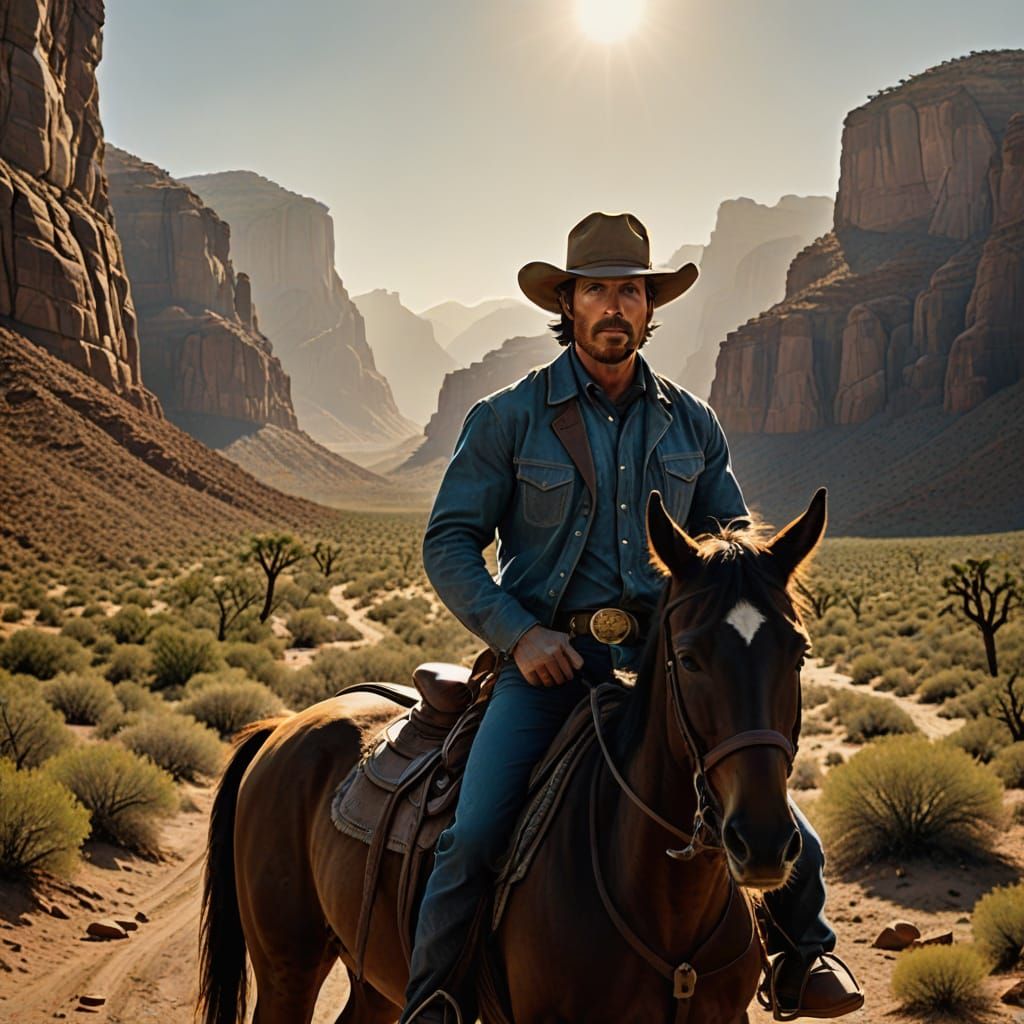 Christian Bale Rides into a Desert Canyon as a Classic Cowbo...