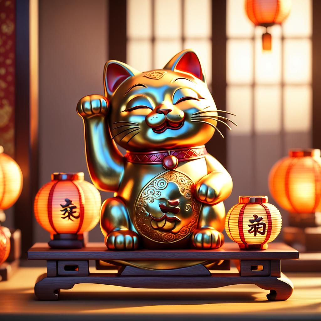 Laughing Lucky Cat Figurine on Japanese Shelf