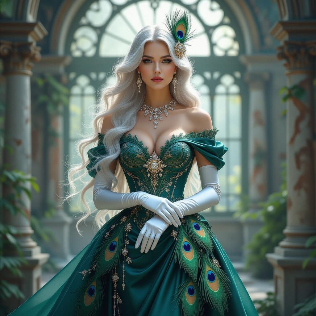 Statuesque Woman in Ruined Aviary, Art Nouveau Style