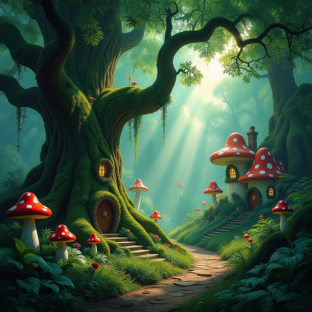 Enchanted Fairy Forest with Gnarled Trees and Mushroom House...