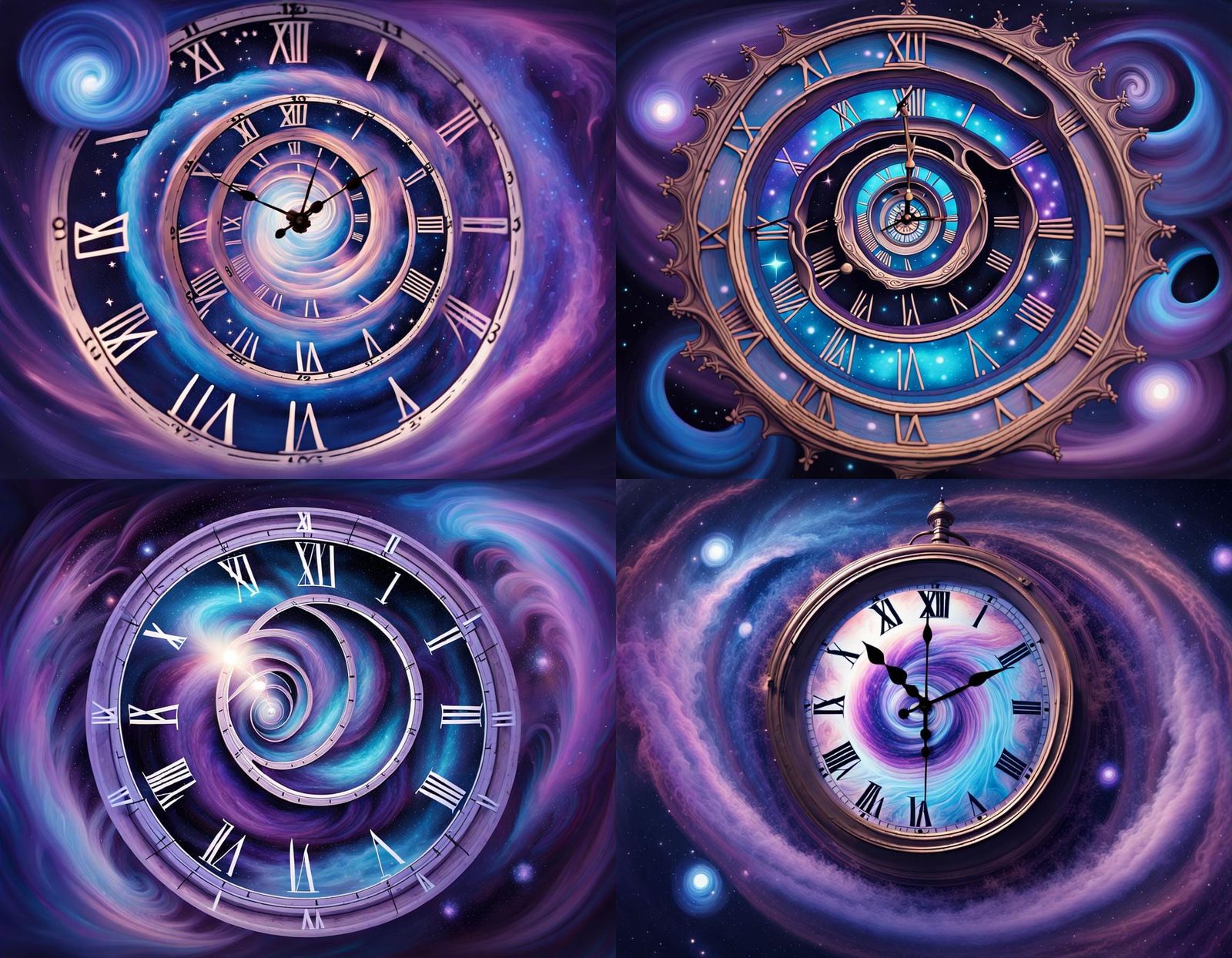 Clocks Floating in Starry Sky with Nebulous Gas