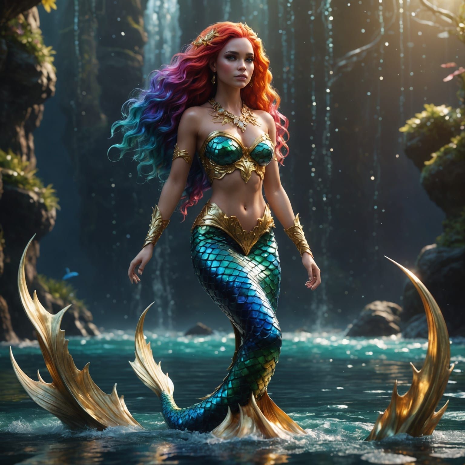 Rainbow Mermaid with Gold Scales, Fantasy Art