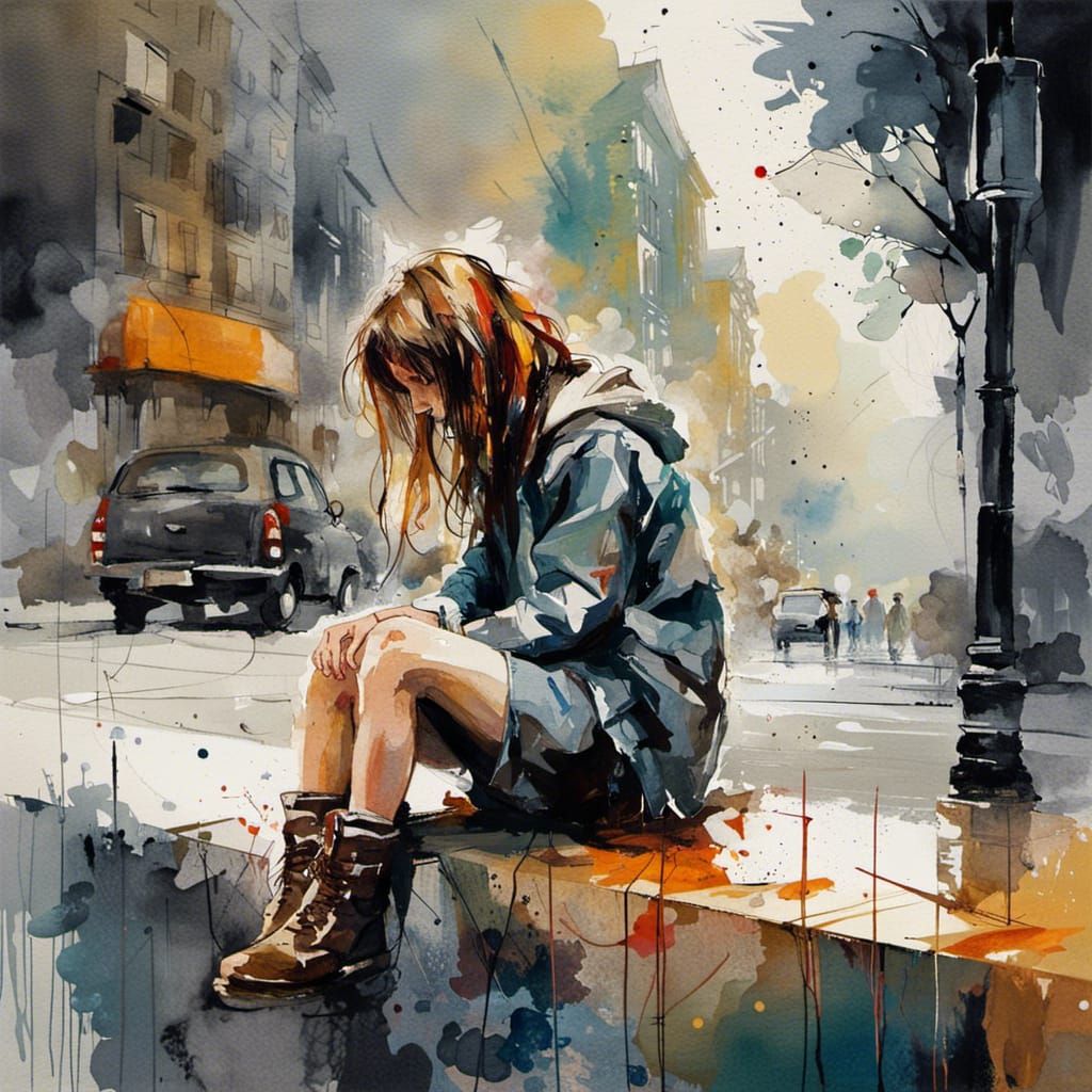 Lonely Girl on Curb - Watercolor and Ink Art