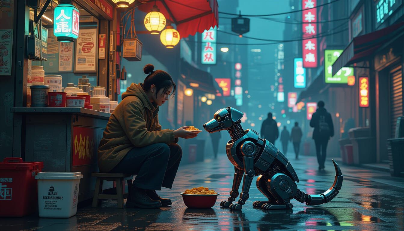 Steampunk Vendor Shares Meal With Robot Dog