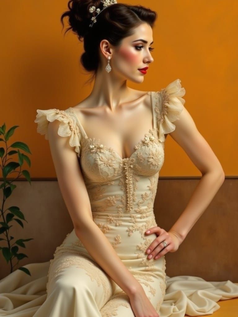 Elegant Woman in Vintage Floral Gown, Softly Lit