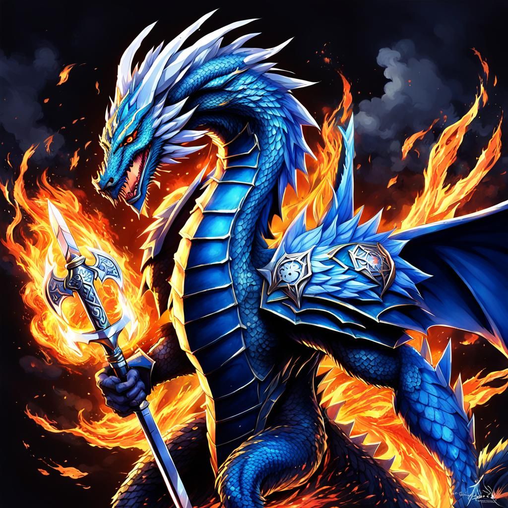 Mythical Dragon with Fire Sword in Anime Style