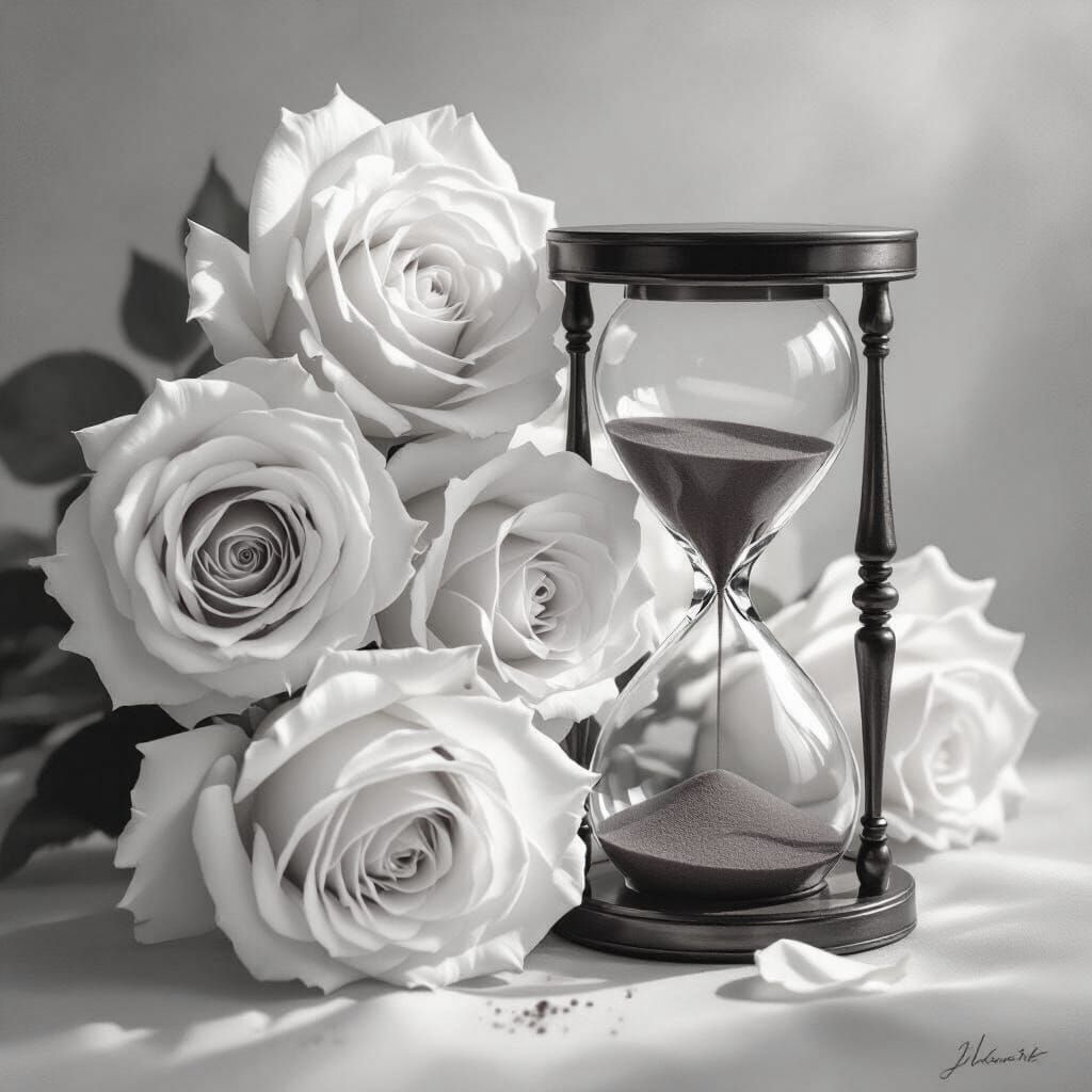 White Roses and Hourglass with Red Sand