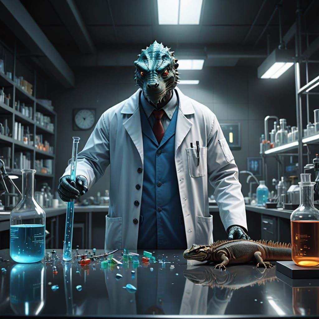 Lizard Man Hybrid Knocks Over Test Tubes