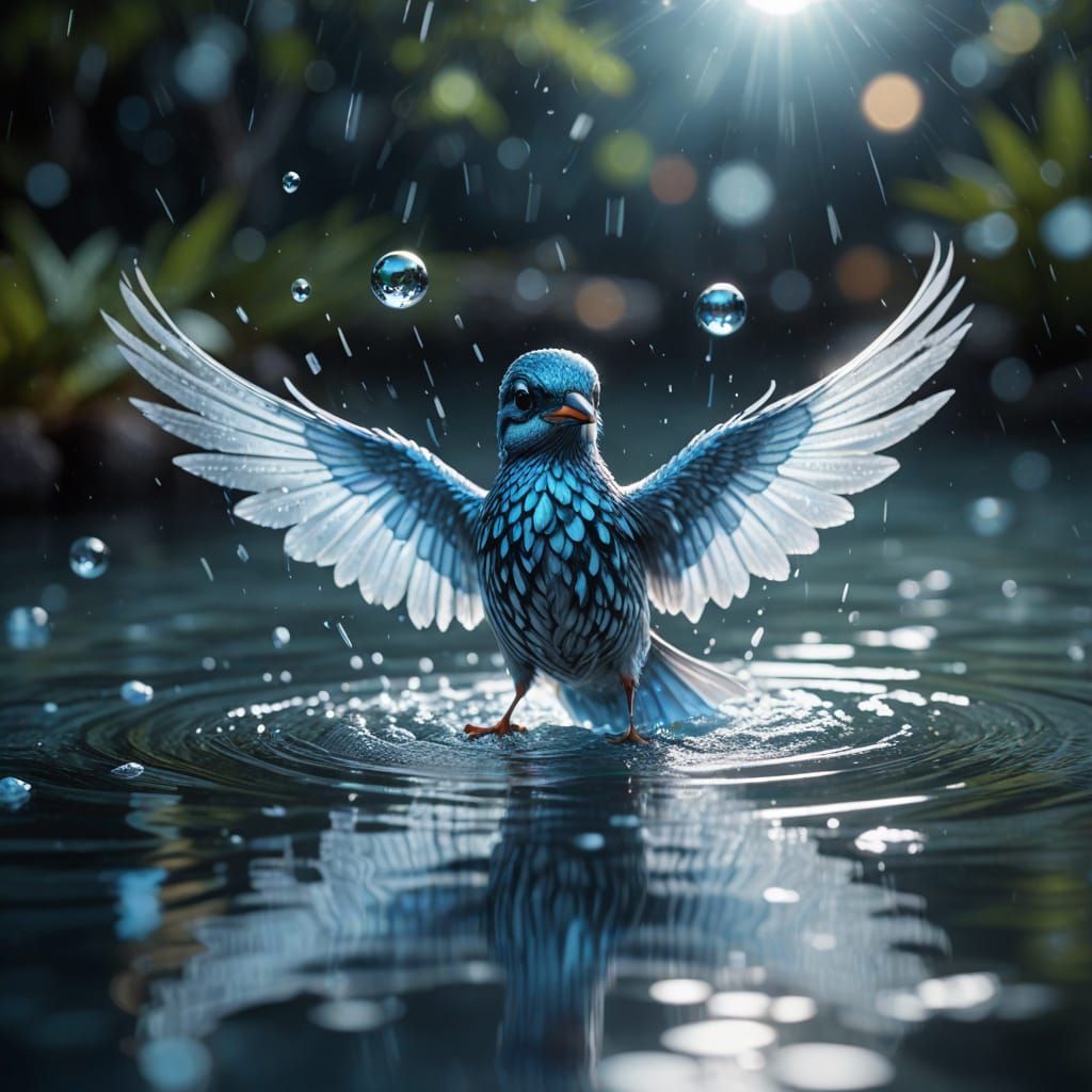 Dreamy Blue Bird in Shimmering Water