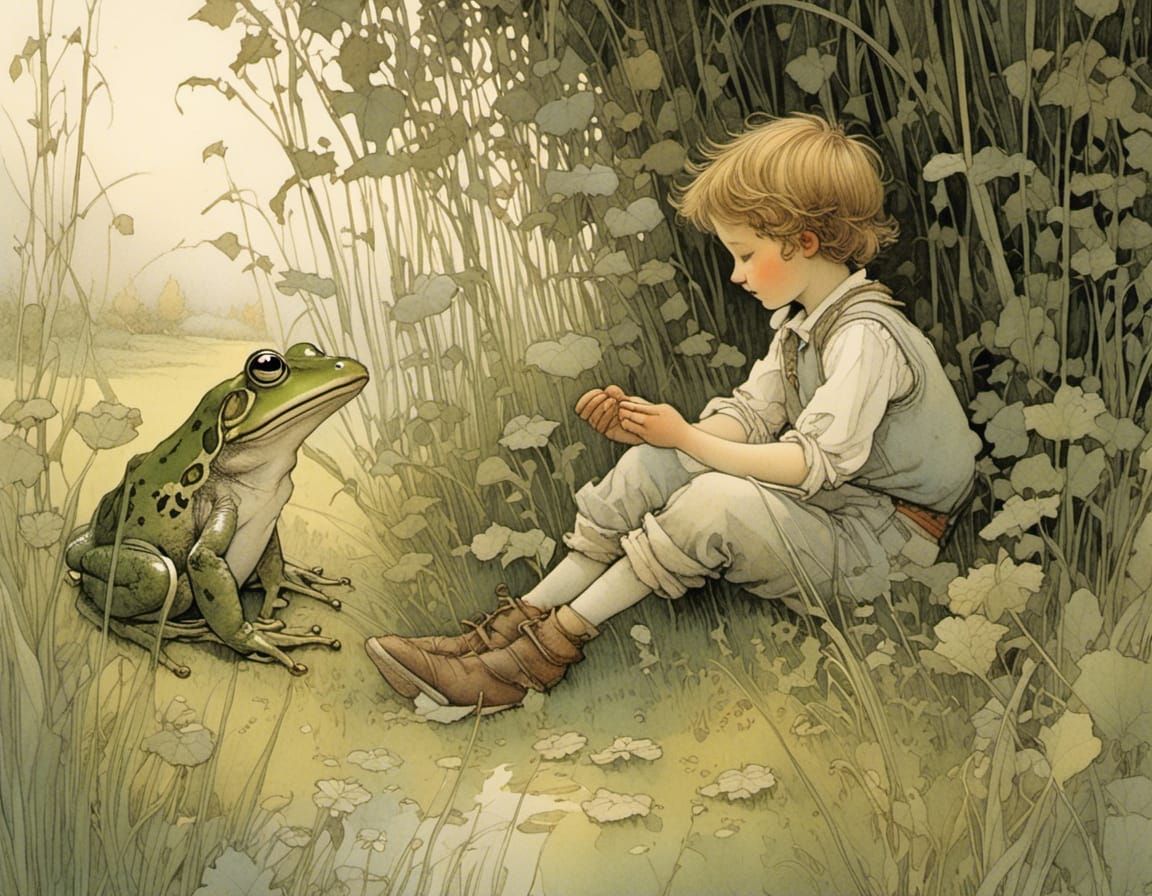 Little Boy Converses with Frog in Evening Glow