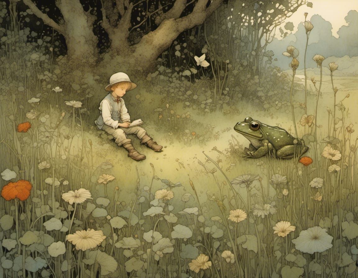 Whimsical Summer Evening Scene with a Boy and Frog in a Lush...
