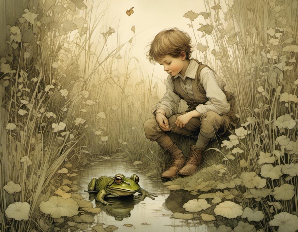 Whimsical Boy Connects with Enchanted Frog in Evening Glow