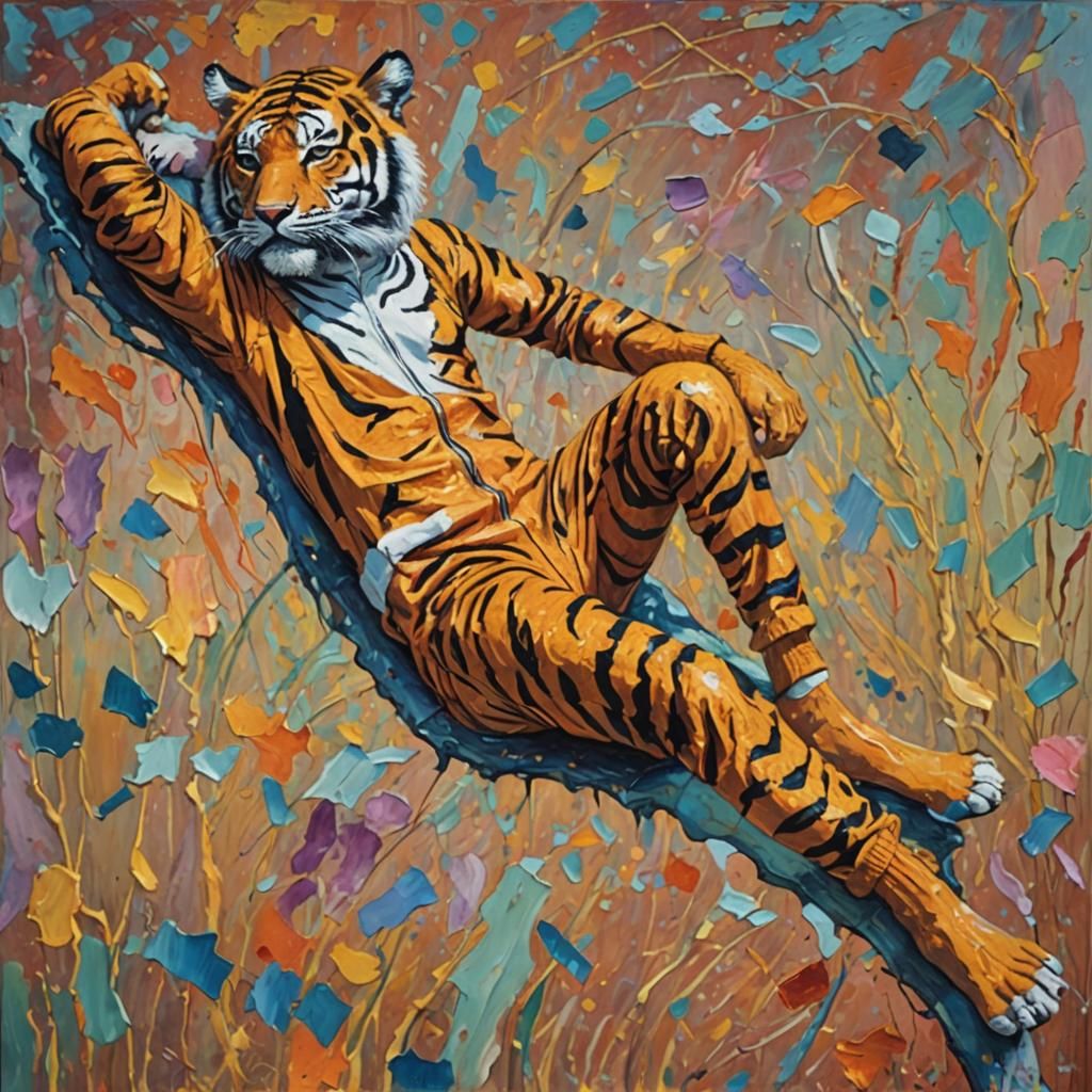 Model in Tiger Onesie as Impressionist Oil Painting