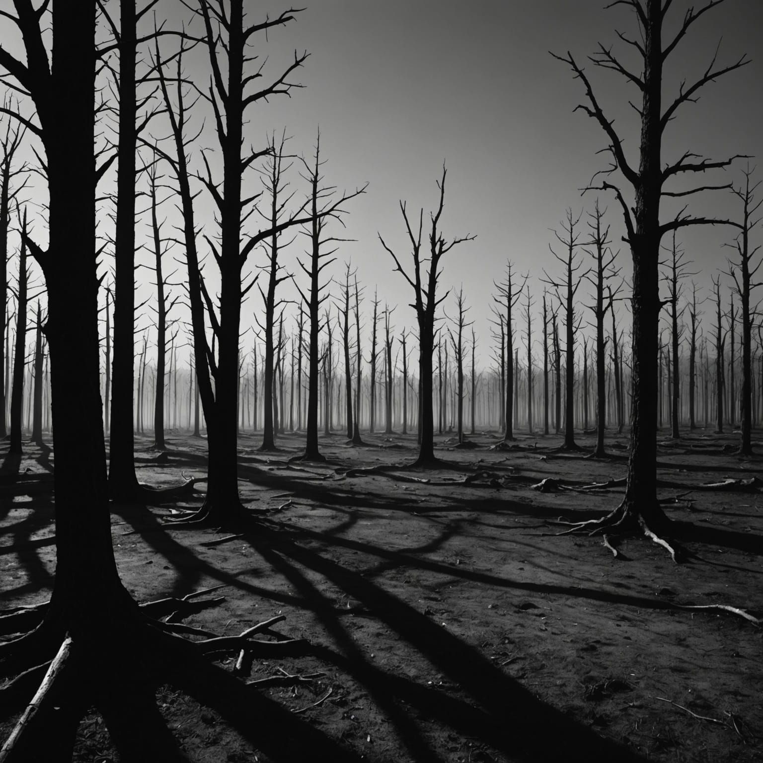 Terrifying Horror Landscape with Dead Trees and Shadows