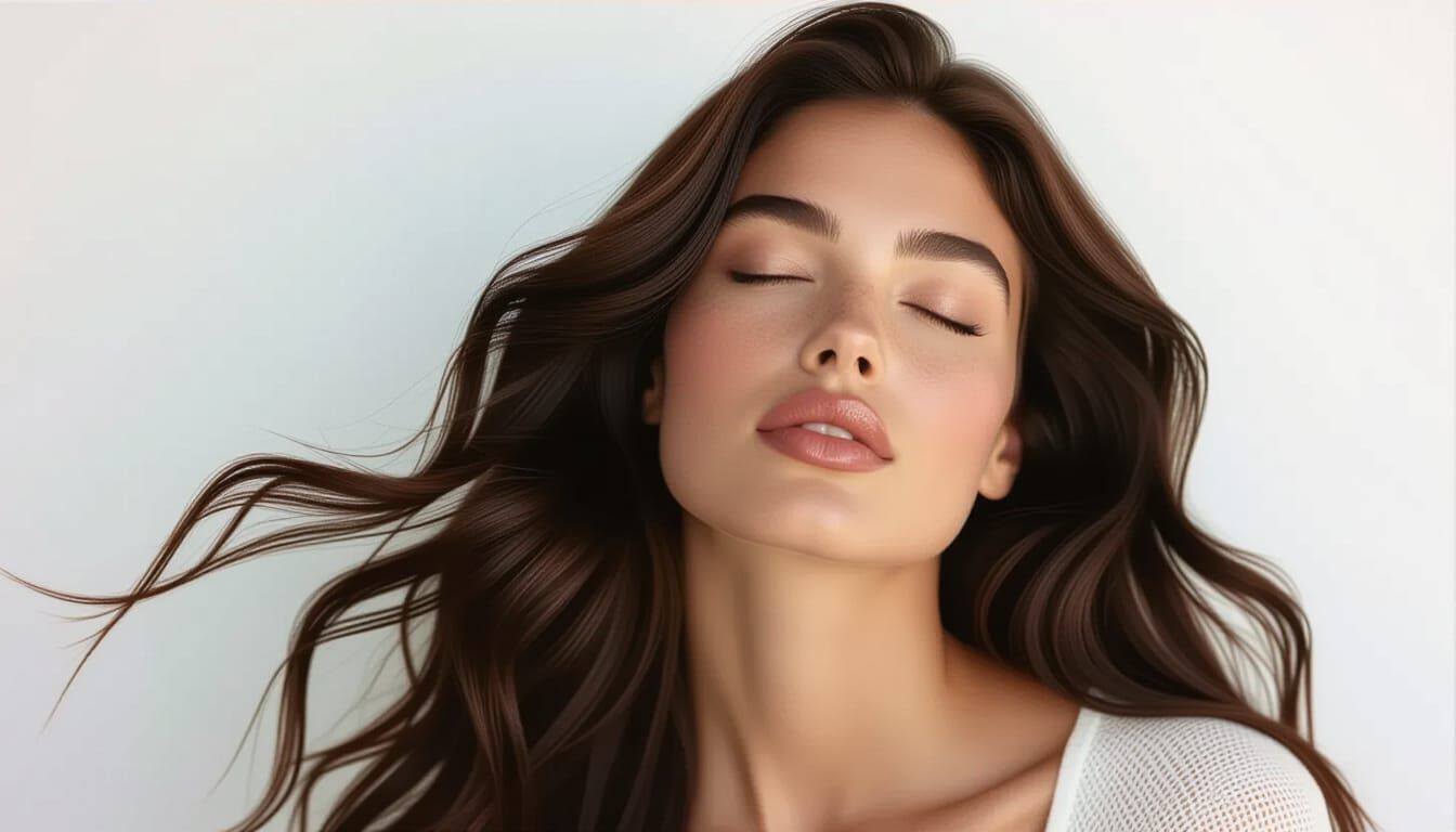 (Beauty shot:1.3) photo of a woman with long, dark brown hai...