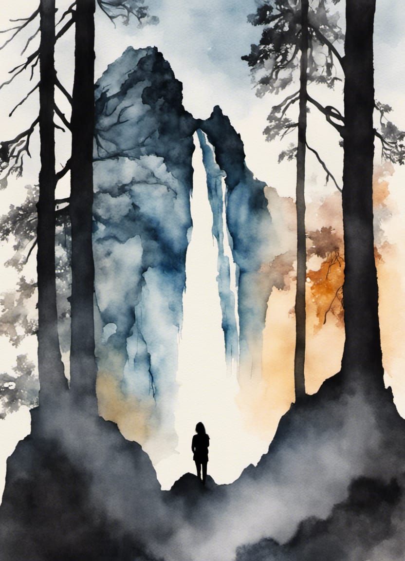Waterfall in Wolf Silhouette: Watercolor Double Exposure