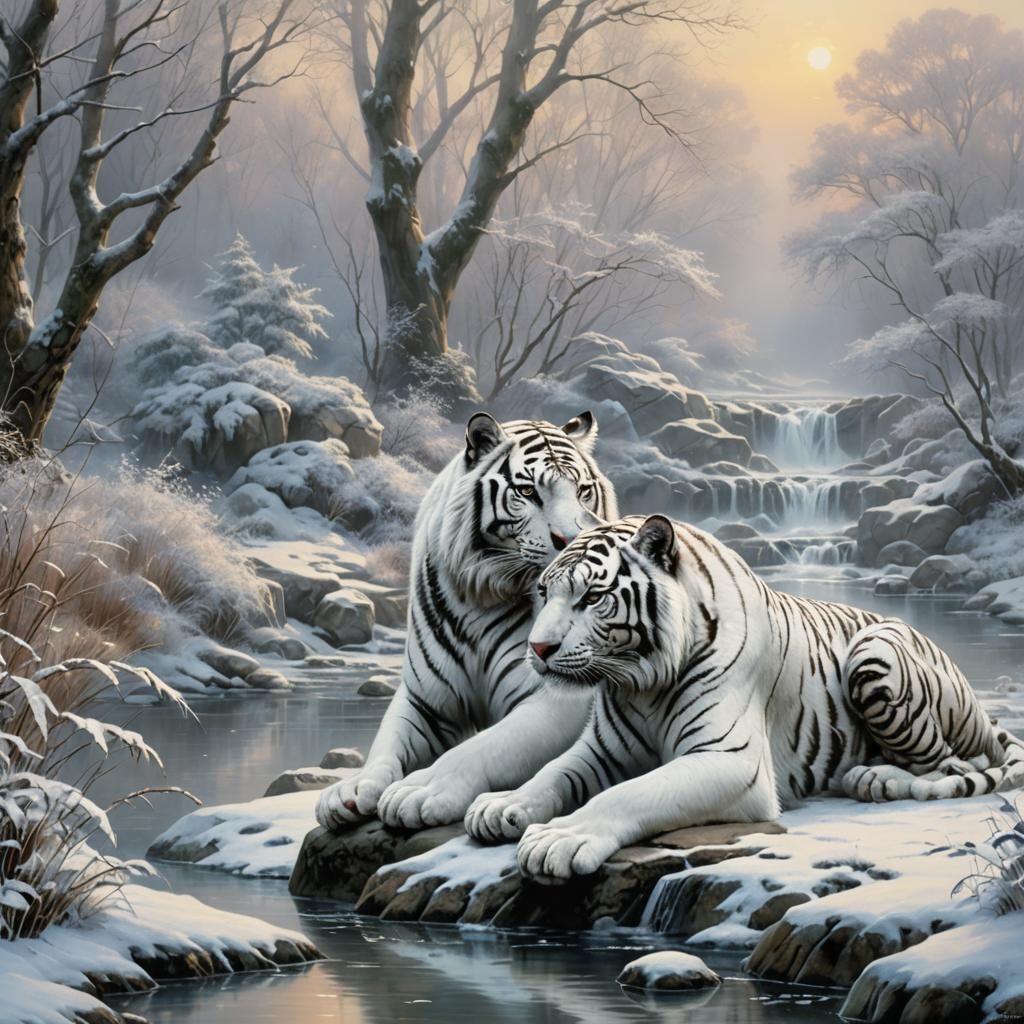 White Tigers in Winter River Scene