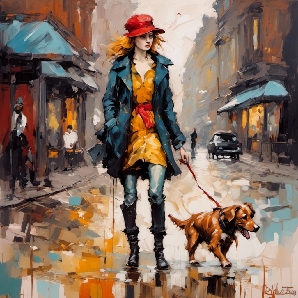 <lora:Divan Japonais:1.0> A girl walking her dog