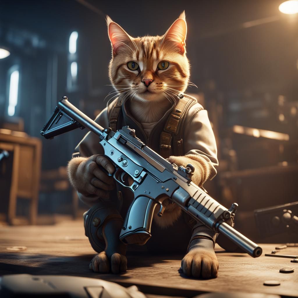 Cat with Gun in Detailed 3D Rendering